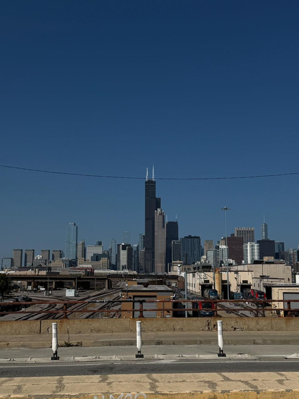 The Chicago skyline across the rail yards