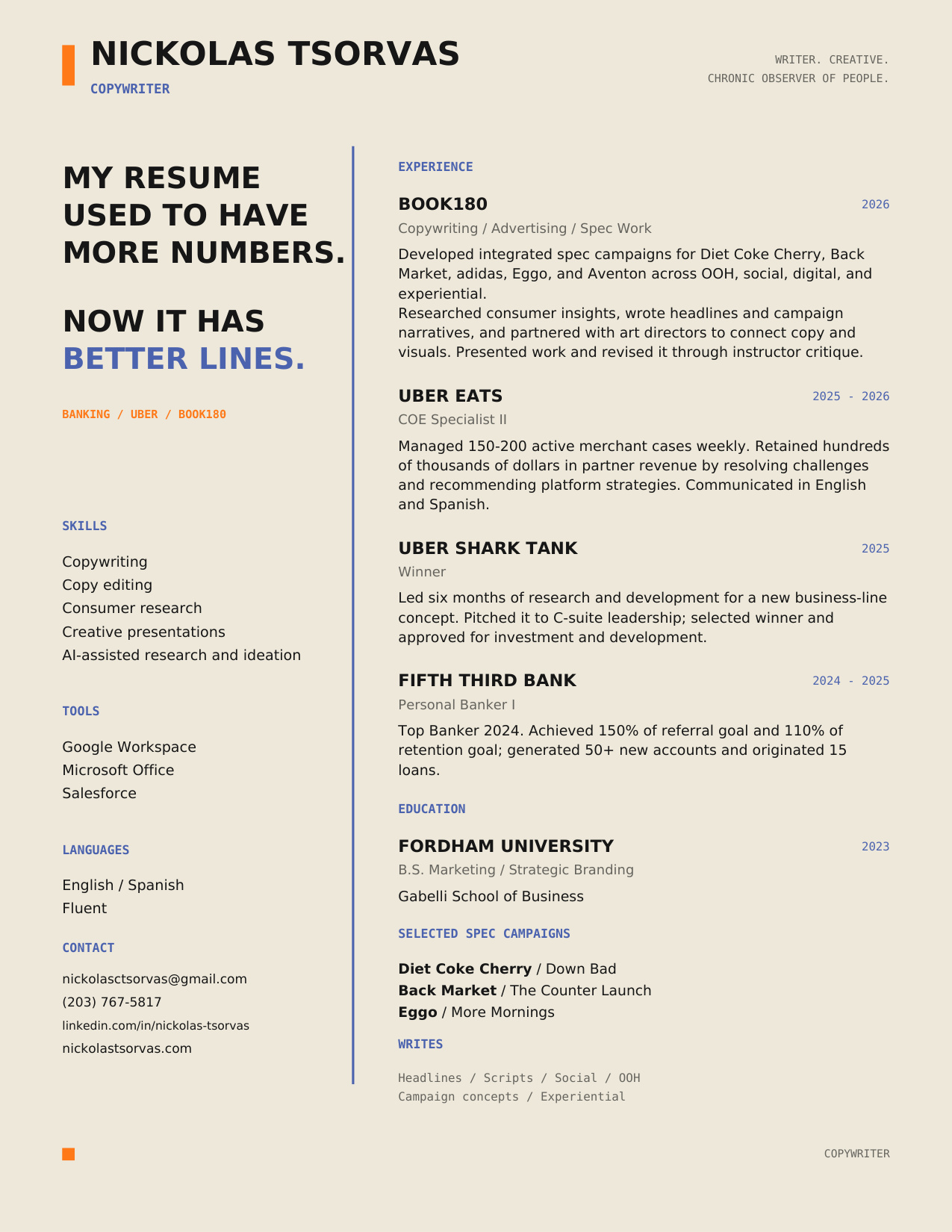 Resume of Nickolas Tsorvas, copywriter, on one page. Open the PDF for the full text.