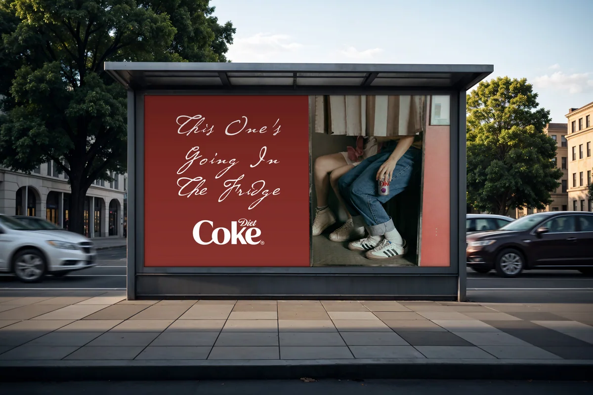 Bus shelter ad: “This One’s Going In The Fridge” beside a photo of two people’s legs in a photobooth, one holding a Diet Coke Cherry