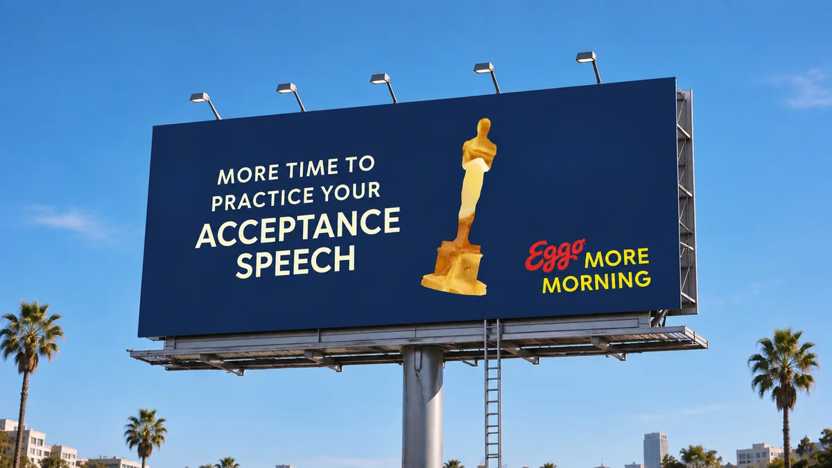 Billboard under palm trees: “More time to practice your acceptance speech,” with an award statuette made of waffle